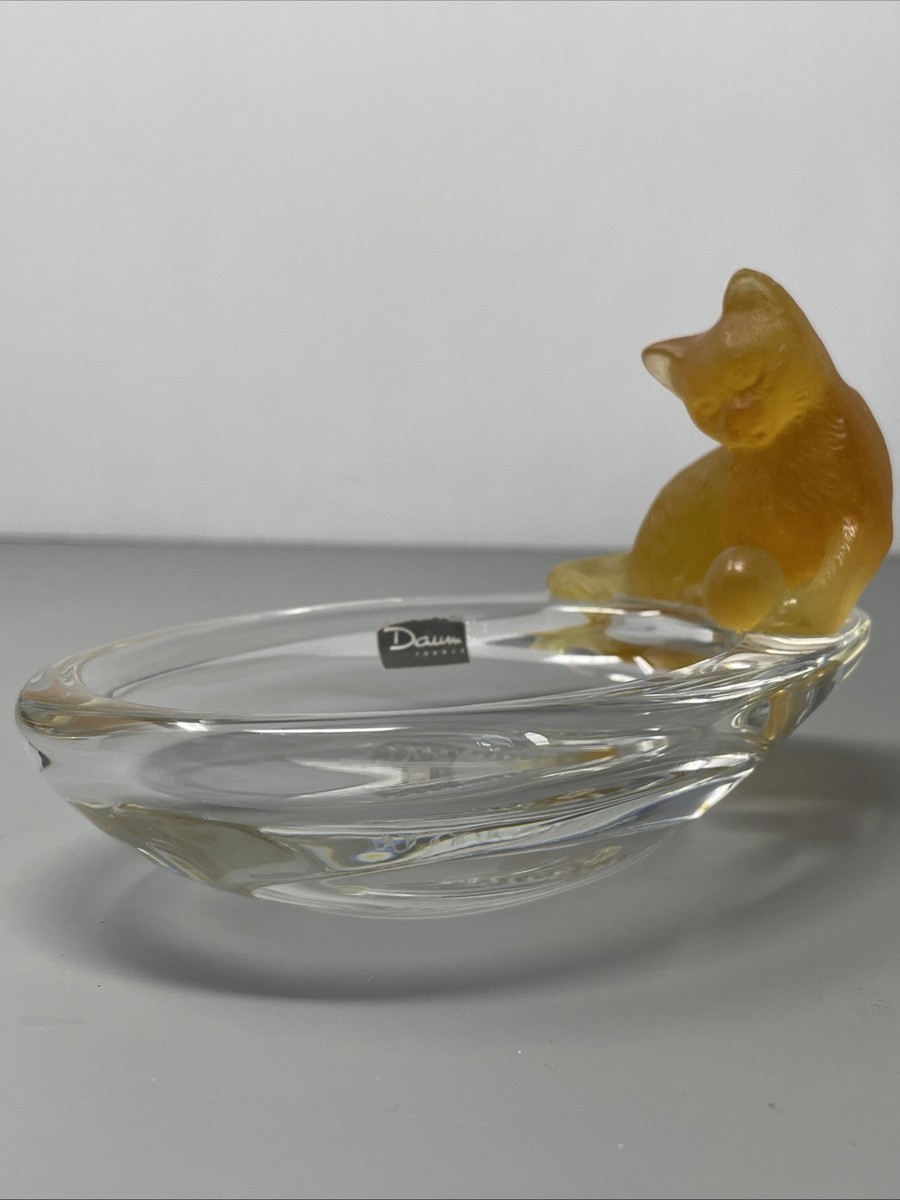 Daum France Hand Blown Crystal Cat at Pond Figurine Trinket Ring