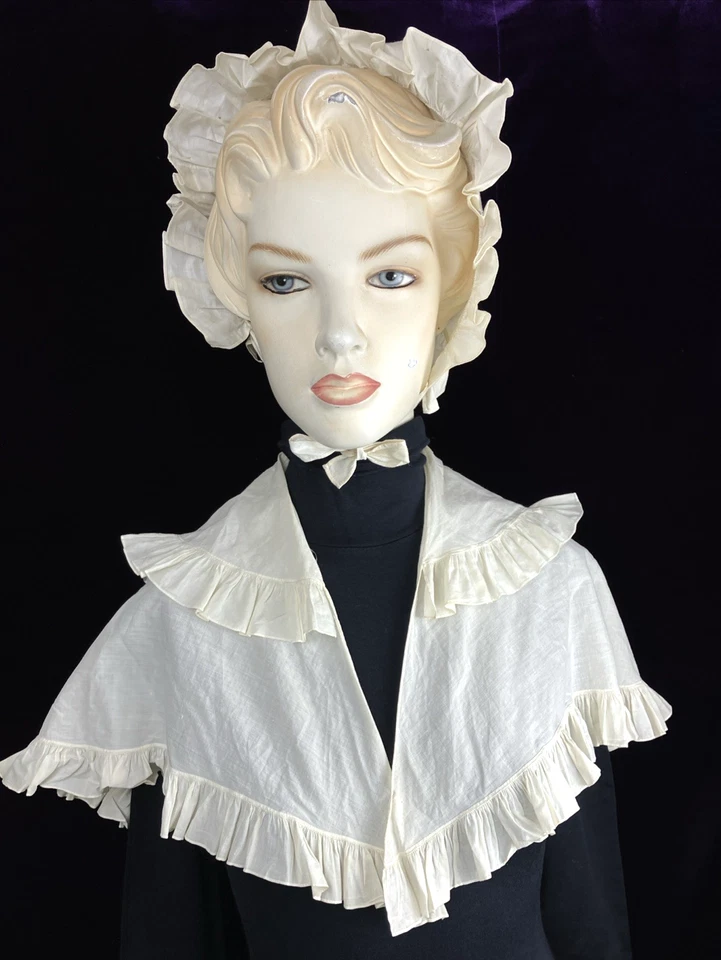 RARE Regency Ruffled Collar + Bonnet 1810 1820 1830 Cap Cotton Farm Chore - Image 2 of 4