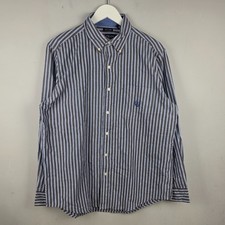 Chaps Mens Brown Blue Striped Shirt Medium Button Down Long Sleeve Cotton