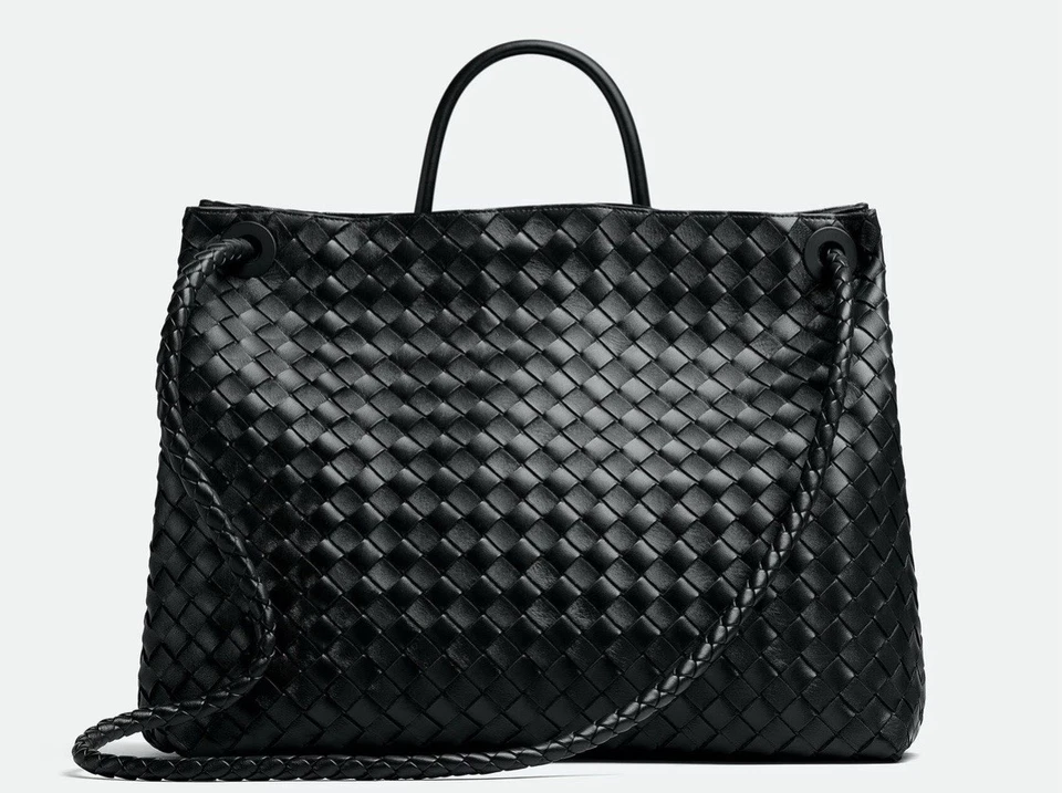 Black Woven Leather Tote Bag Handbag Shoulder Crossbody Large Purse - Image 2 of 4