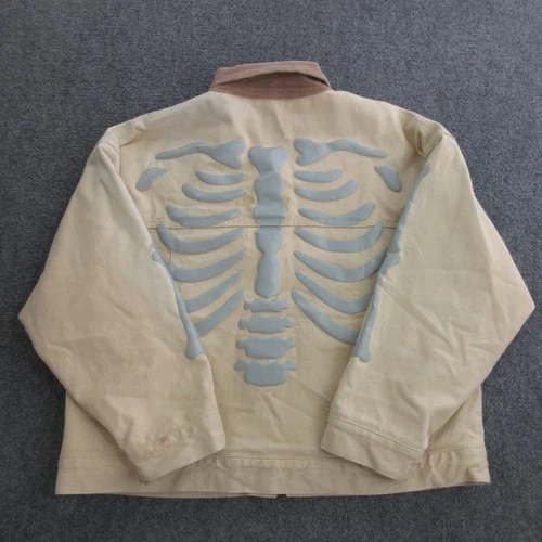 Ryoko Rain Jacket Mens Medium Beige Canvas Skeleton Graphic Full Zip Halloween image 8