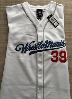 WRESTLEMANIA 39 BASEBALL TRIKOT WEISS GRÖSSE MEDIUM NEU MIT ETIKETT