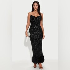 Fashion Nova Focus Sequin Maxi Gown Dress in Black Size S NWT