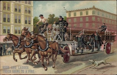 Präge Litho Hook and ladder truck going to a fire, Feuerwehr,... - 10622571