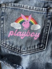 Jeans donna Playboy By PacSun taglia 28 blu denim effetto invecchiato in fabbrica arcobaleno