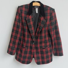 Sag Harbor Vintage Red Green Tartan Plaid Wool Blend Blazer Velvet Collar 12