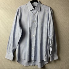 David Donahue Dress Shirt Mens 16 Blue Dress Button Up Houndstooth Plaid