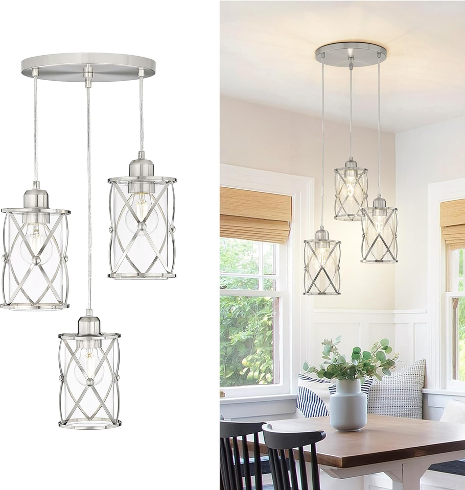Brushed Gold Pendant Light Fixtures, 3Light Dining Room Chandeliers