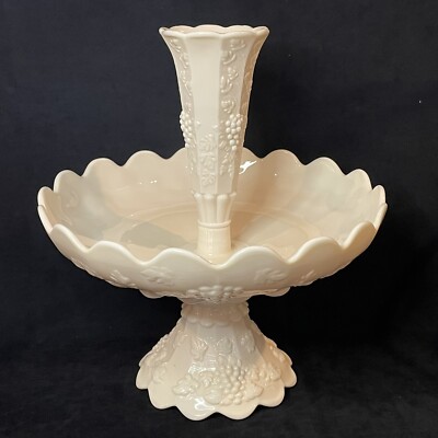Vintage Westmoreland Paneled Grape Epergne Almond Pale Pink Milk Glass, 3 Piece