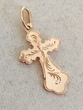 Gold Kette Anhänger Kreuz ✝ Rotgold 585 14K mit elegante Gravur , Art Deco, Top 