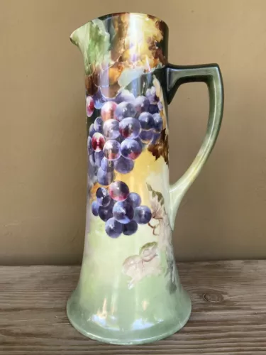 Hand painted Limoges France Tankard with grapes artist signed