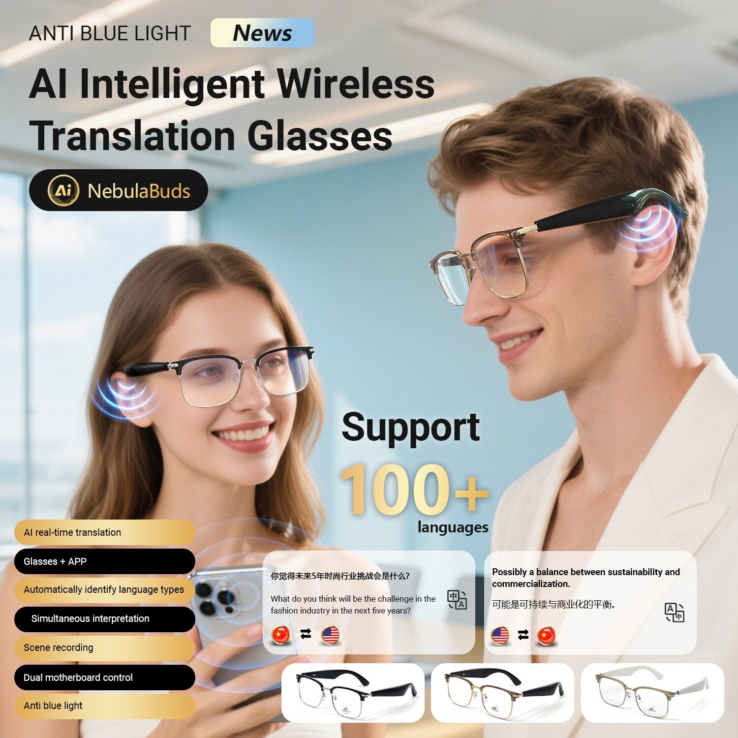 S L1600 Ai Translator Smart Glasses For Men Women,Bluetooth Glasses With Voice Assistant