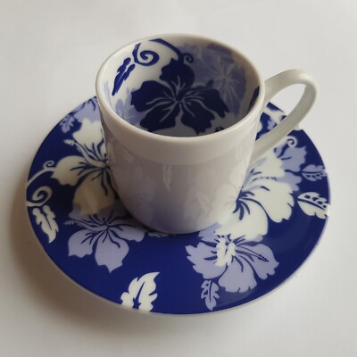 Konitz Espresso Kaffeetasse & Untertasse Hibiskusblüte Porzellan Blau Weiß Deutsch