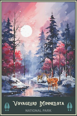 Voyageurs Minnesota Wildlife Winter Scene Snow Deer Art Travel Poster 16x24