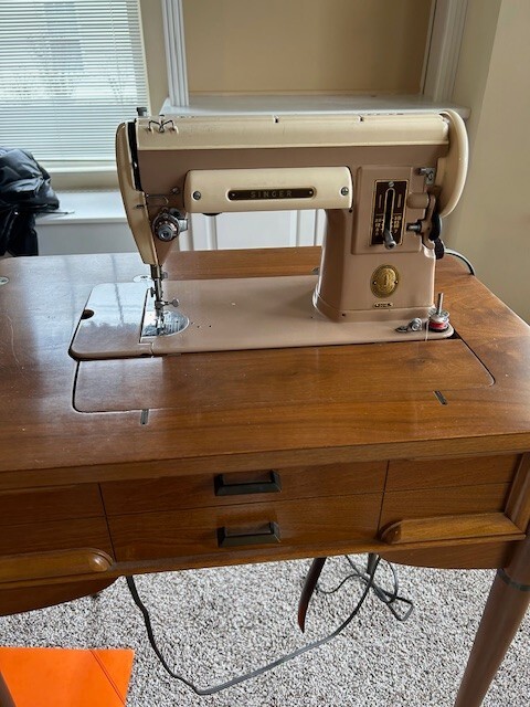 Vintage Singer 301A Sewing Machine Tan in Cabinet, Working