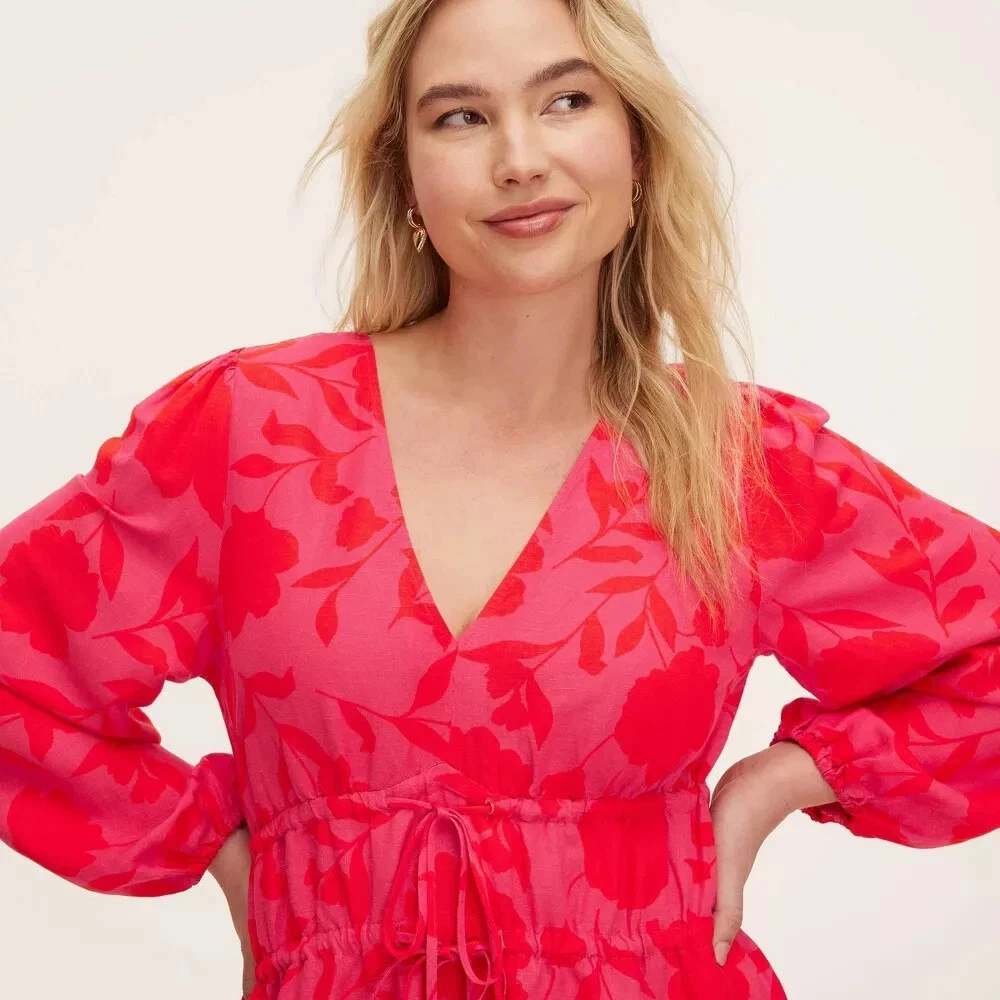 Maxi abito donna classico lino rosa manica lunga Kate Spade x Target piccolo