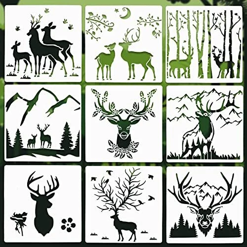 9 Pieces Forest Deer Stencils Wood Burning Stencils 11 Inches Reusable  Animal Pa