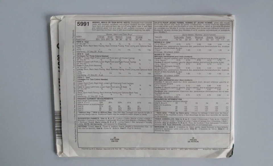 VINTAGE McCALL'S #5991 MEN'S & MISSES SIZES 32 1/2, 34 VESTS PATTERN UNCUT - Image 2 of 3