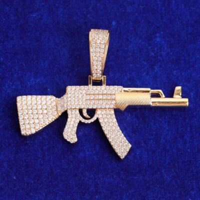 Mens Iced White & Yellow Gold Plated Luxury Chopper City Ak 47 Hip Hop Pendants