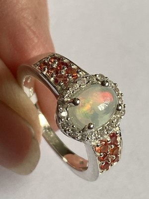 Tjc Ethiopian Welo Opal & Red Sapphire , Zircon Ring Silver 925 1.25ct Size O