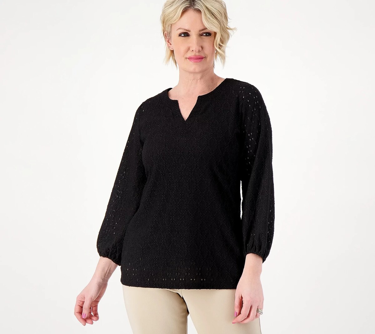 Susan Graver Passport Knit Eyelet 3/4 Sleeve Top black Small | eBay