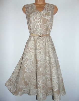 BNWT Laura Ashley Beige/White Floral Pure Linen Summer Casual Belted Dress, UK10