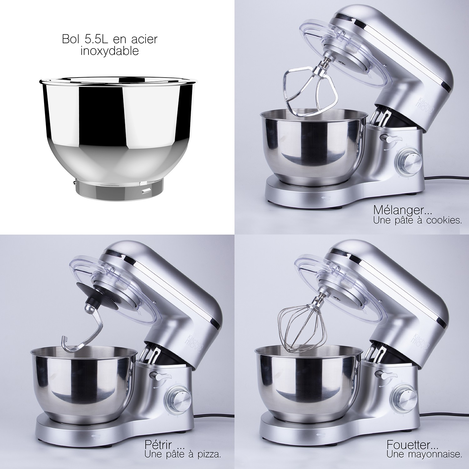 Robot pétrisseur multifonction Kitchen Move 1500W avec bol inox 5.5l gris - 2
