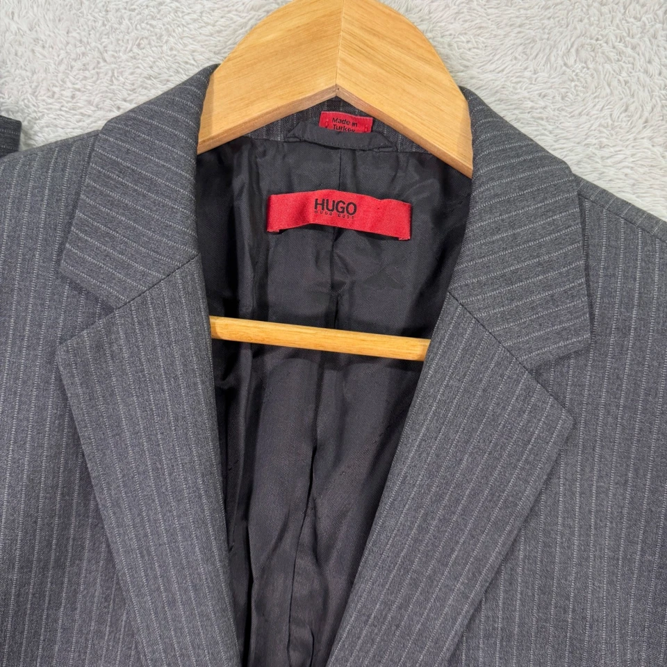 HUGO BOSS Men 38S Recent Gray Pinstripe S120 Wool Suit Blazer Pants 30x30 Preppy - Image 2 of 4