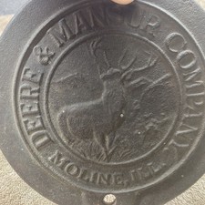 Vintage JOHN DEERE & MANSUR Co CAST IRON Corn Planter Lid FARM ADVERTISING