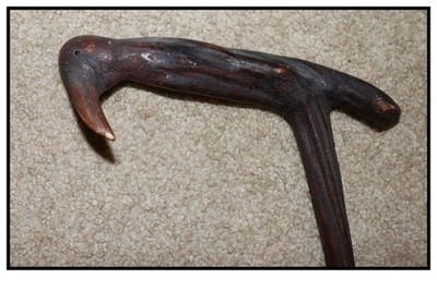 VINTAGE WALKING CANE / SWAGGER STICK - OOAK VERY UNIQUE CROW HANDLE PIN EYES