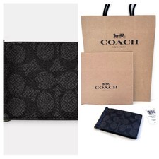 COACH SLIM MONEY CLIP BILLFOLD WALLET BLACK/ GRAY SIGNATURE CANVAS NEW GIFT WRAP