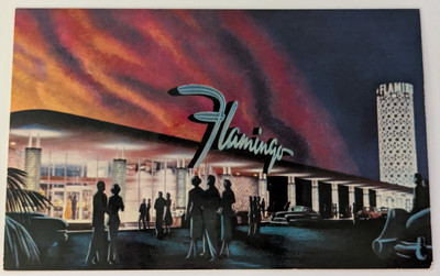 1950s Hotel Flamingo Las Vegas NV Night Lights parking lot View Postcard cars