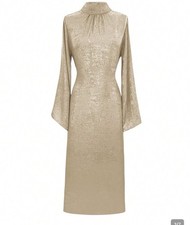 champagne-colored, long-sleeve dress featuring a shimmer finish