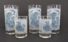 5 VINTAGE CURRIER & IVES ROYAL BLUE & WHITE TUMBLERS & JUICE GLASSES