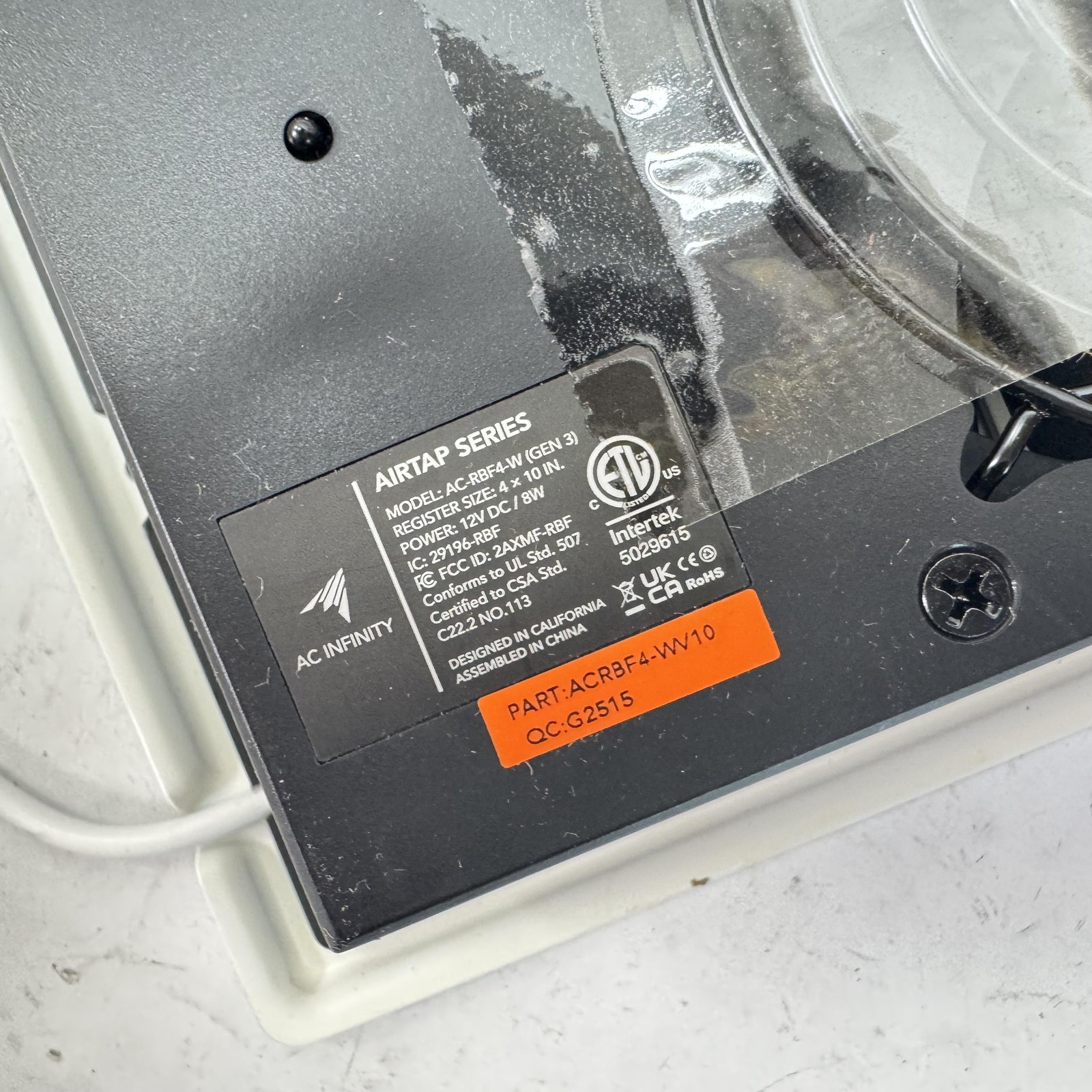 AC Infinity Airtap Series ACRBF4-W10 Gen 3 Register Vent Fan White Remote 4 x 10