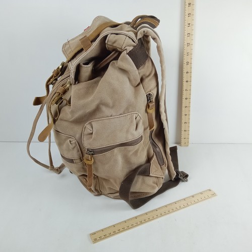 Vintage Canvas Leather Straps Trim Backpack Khaki Rucksack Pockets By Augur - Picture 9 of 12