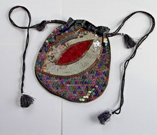 Vintage Multi Color Sequin Drawstring Purse With Tassel Straps- India- G205