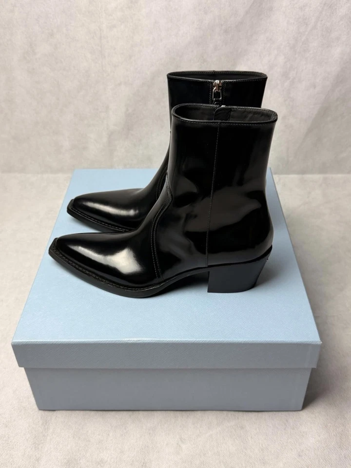Prada матовая кожа Western ботильоны размер ЕС 36,5 / США 6,5 черный совершенно новый - Изображение 3 из 4