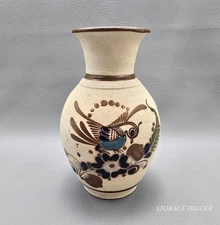 VTG Tonala Mexican Folkart Sandstone Handcrafted Pottery Floral & Bird Vase 8.5"
