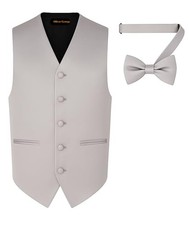 Men's Solid Formal Waistcoat Tuxedo Dress Vest Bow Tie Set for 4X-Large Silver