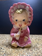 Vintage 1950s Japan Ceramic Baby Girl Bottle Planter Kitsch Pink Bonnet 7.5