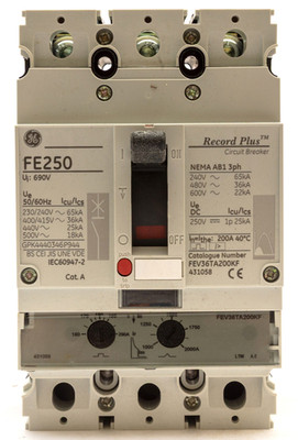 GE FEV36TA200KF Record Plus FE250 E-Rahmen MCCB 3P 200A 200 AMP 36kA 415VAC NEU