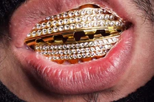 14K Gold Plated Iced CZ Rows of Bling Metal Teeth Halloween Pimp Grillz Set