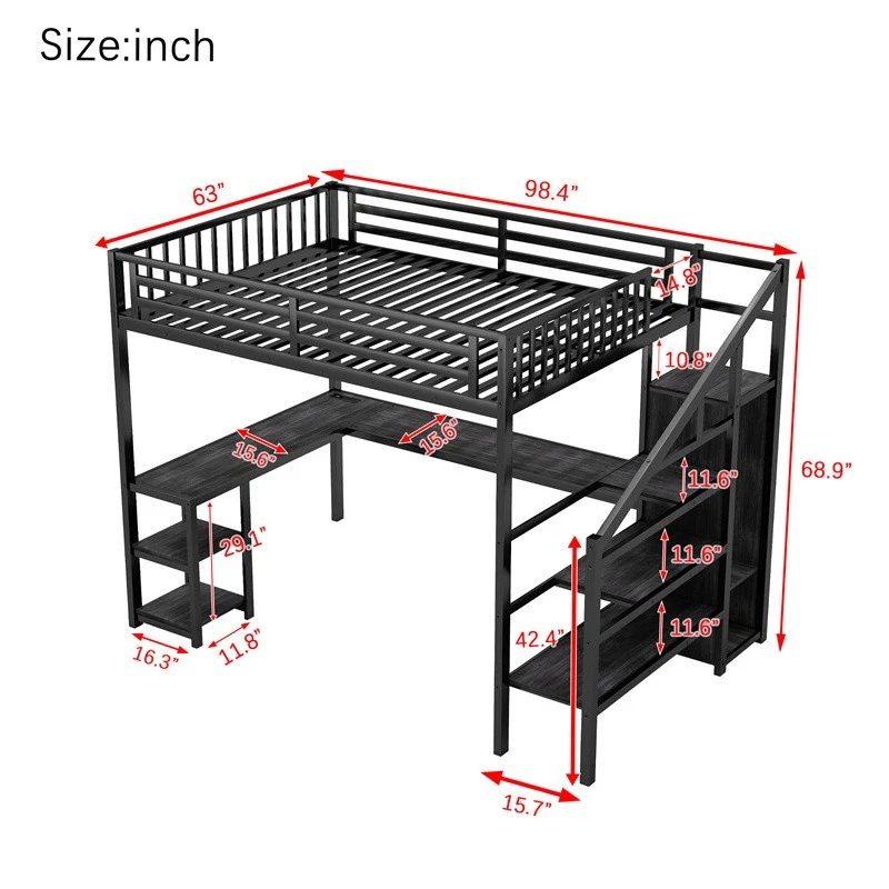 Queen Metal Loft Bed w/Wardrobe,LED Light,L Shaped Desk and USB for Teens Adults - Image 2 of 4