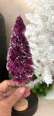 Vtg 8.5'' Purple Snow Flocked XMAS TREE Village Wire BOTTLE BRUSH WOOD Base LG