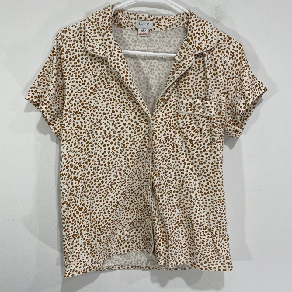 J.Crew Womens Pajama Set Small Brown White Leopard Print Sleepwear Top Shorts - Image 2 of 4