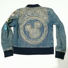 Disney Ink Paint Distressed Denim Jacket Ladies Small Mickey Mouse Patch Pin