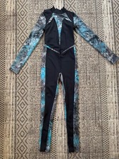 Unitard, black trim, open back, blue and silver background, LA dance costume