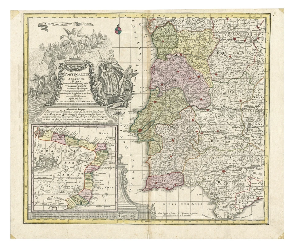 Map "Portugalliae et Algarbiae Regna" (Portugal - Inset of Brazil) Seutter, 1725 - Image 2 of 4