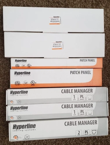 Lot of Hyperline Patch Panels and Cable Managers 1RU 2RU Cat5e 24 pt Cat6 48 pt